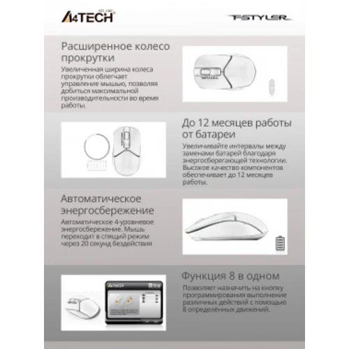 Мышь A4Tech Fstyler FG12 Panda белый/черный оптическая (1200dpi) беспроводная USB (3but) Мышь A4Tech Fstyler FG12 Panda белый/черный оптическая (1200dpi) беспроводная USB (3but)